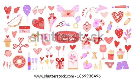 Valentine s Day set - labels, emblems and other elements. Vector illustration with cute stickers pack in cartoon style with love symbols for valentine's day. Large collection of clip arts.