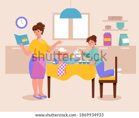 Mother and daughter cooking cake together in the kitchen. Vector illustration