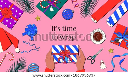 Winter holidays gift wrapping in the concept of Christmas and New Year celebration. It’s time to wrap flat lay vector illustration in outline style.