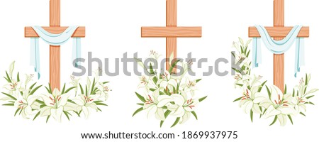 Cross with lilies. Religious Easter Symbol. Colorful crosses with lilies with shroud set. Easter Sunday poster design elements for card, greetings. Isolated. Vector illustration