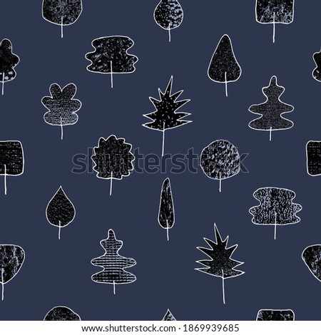 Trees with different textures, seamless pattern. Editable vector illustration with clipping mask, isolated on blue background. EPS 10