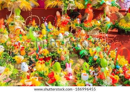 Easter decorations made of eggs and flowers and on market stands in Krakow town, Poland