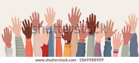 Group raised human arms and hands.Diversity multiethnic people. Racial equality. Men and women of different culture and nations. Coexistence harmony. Multicultural community integration Royalty-Free Stock Photo #1869988909