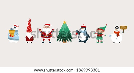 Christmas banner with Santa Claus, gnomes, Christmas tree, elves, polar bear, penguin, snow man. Christmas and New Year vector background. 