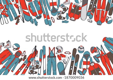 Hand drawn clothing and equipment for skiers and snowboarders.  Vector background. Sketch  illustration.  