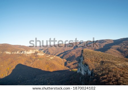 Panorama of Eagle mountains near Sokolinoe village in late autumn