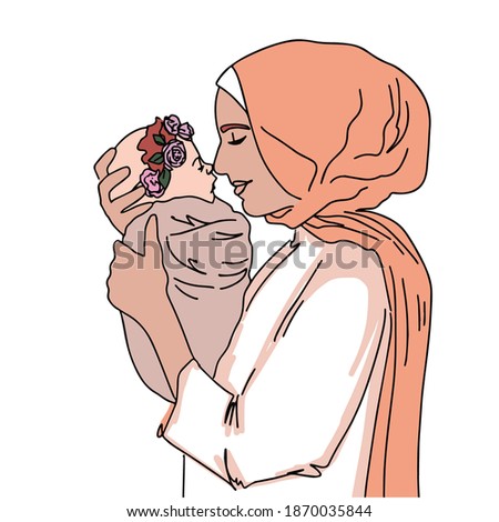 Arabic happy mum and child. Mothers day greeting card. Muslim mum. Mom and girl are smiling and hugging. Family holiday and togetherness. Vector eps 10