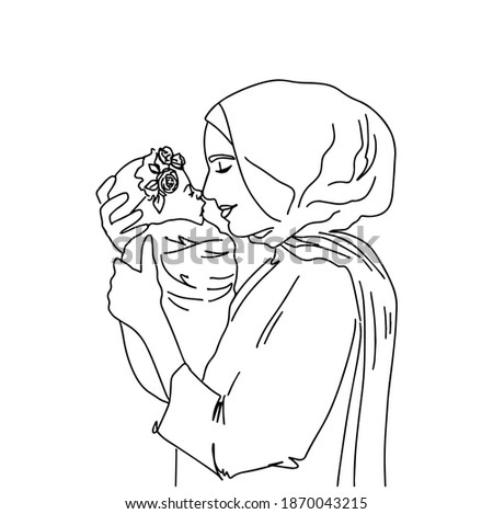 Arabic happy mum with child. Line art, Mothers day greeting card. Muslim mom. Mom and girl are smiling and hugging. Family holiday and togetherness. Vector eps 10