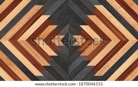 Rough wooden wall made of narrow planks. Wood texture background. Dark parquet floor with chevron pattern.