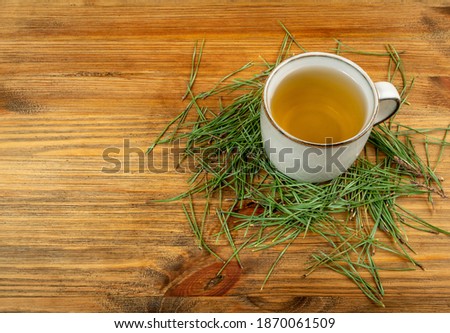 Pine needles tea in old cup. Healthy winter beverage in camping, pine tree needles tea in vintage mug. Medicine scurvy, source of vitamin C and carotene Royalty-Free Stock Photo #1870061509