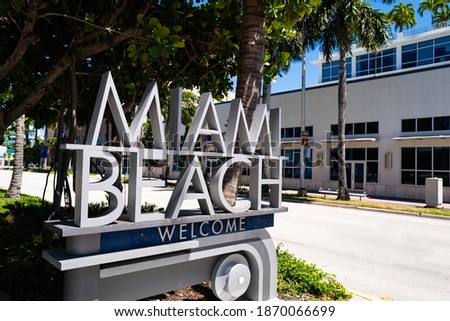 Miami Beach welcome sign, Florida, USA. Summer tourism, warm climate. Travels. US cities
