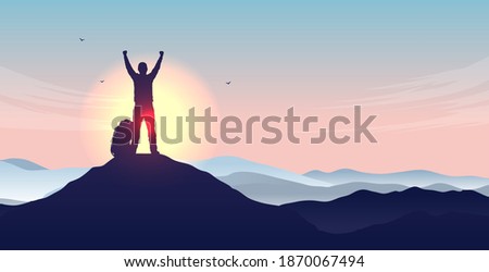 Life goals - Silhouette of hiker on mountain top with arms in air in front of sunlight, celebrating life and personal goal. Vector illustration.