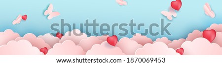 Papercut design, Vector paper clouds with butterflies. Pink cloud, red hearts, blue background.