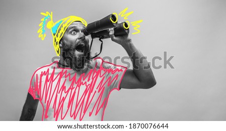 Crazy hipster guy emotions. Collage in magazine style with happy emotions. Discount, sale, season sales. Colorful summer concept. Young man with binoculars Royalty-Free Stock Photo #1870076644