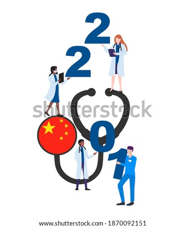 China national flag on a stethoscope with doctors and year 2021 on a white background. Postcard on the topic of fighting the epidemic. Health workers in the new year.