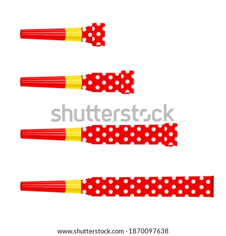 Party blowers, horns, noisemakers, whistles isolated on white background. Top view. Celebration, fun time, party favors, kids birthday concept. Vector cartoon illustration. Royalty-Free Stock Photo #1870097638