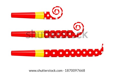 Rolled and unrolled party blowers, horns, noise makers, sound whistles isolated on white background. Side view. New year celebration, kids birthday concept. Vector cartoon illustration. Royalty-Free Stock Photo #1870097668