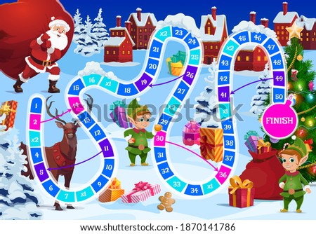 Christmas board game for kids with Santa, reindeer and elf characters. Santa Claus carrying huge sack with gifts, cute elfs and deer, presents, Christmas tree cartoon vector. Child roll and move game