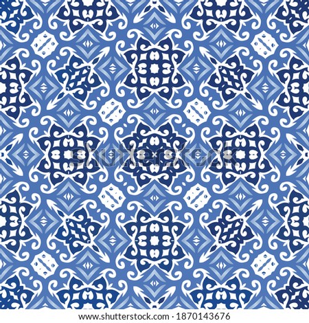 Portuguese ornamental azulejo ceramic. Modern design. Vector seamless pattern watercolor. Blue vintage backdrop for wallpaper, web background, towels, print, surface texture, pillows.