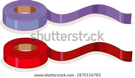 Purple and red adhesive tape or ribbon rolls isolated on white background illustration