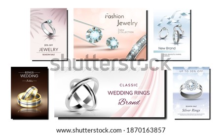 Jewelry Creative Promotional Posters Set Vector. Fashion Jewelry Golden And Silver Rings And Gemstones, Diamond And Brilliants On Advertising Banners. Style Concept Template Illustrations Royalty-Free Stock Photo #1870163857