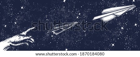 Imagination art. Paper plane and night sky. Symbol of dream, creativity, startup. Black and white surreal graphic 