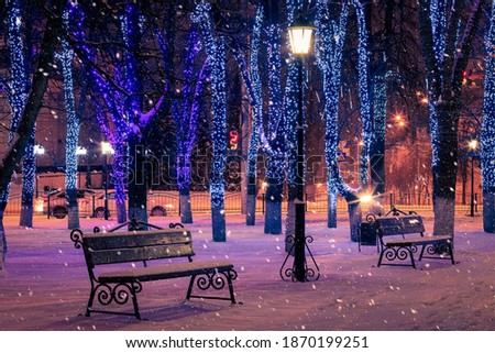 Winter night park with lanterns, benches and Christmas decorations in heavy snowfall.
