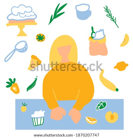 Vector set of illustrations with a woman and ingredients in doodle style.Collection with cooking in bright orange,blue,green colors.Clip art with cake,strawberry, herbs.Design for packaging,recipes.