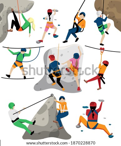 Kid climbing on artificial rock wall, training in rope-park. Brave fearless children climber enjoy active extreme sport bouldering hobby and vector illustration isolated on white background