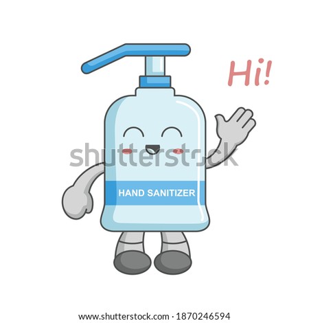 Character happy kawaii hand sanitizer greeting say hi with waving hand