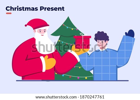 Flat illustration Santa give Christmas present, Santa Claus give present to children or kids, Happy kids in Christmas, Christmas fun holiday, Merry Christmas and happy new years.