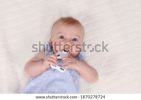 Cutest little 5 months old caucasian baby girl in striped T-shirt biting teether, on white background. Baby care and health concept. Look at camera.