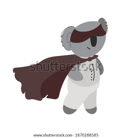 Koala superhero in a raincoat, vector children's colorful illustration in cartoon hand drawn style for printing on children's clothing, interior design, packaging, stickers. Isolated on white