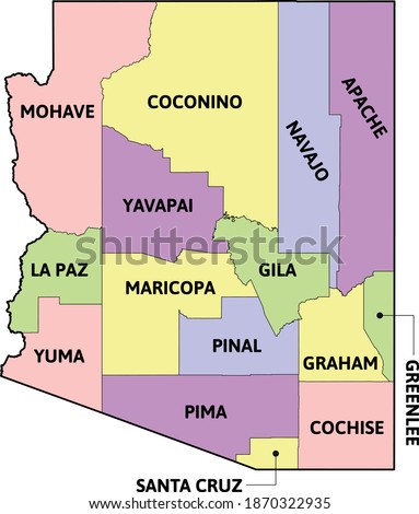 Detailed Map of Arizona counties Royalty-Free Stock Photo #1870322935