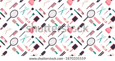 set hairdresser tools and accessories collection beauty salon concept seamless pattern horizontal vector illustration