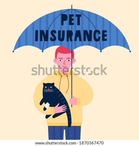 Pet insurance concept. Black cat with a bandaged paw in the arms of a man under an umbrella.