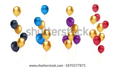 Set of festive bouquets of gold, blue, red, black and purple balloons isolated on white background. Vector illustration EPS10