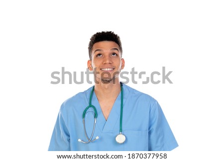 Young african doc with blue uniform isolated on a white background