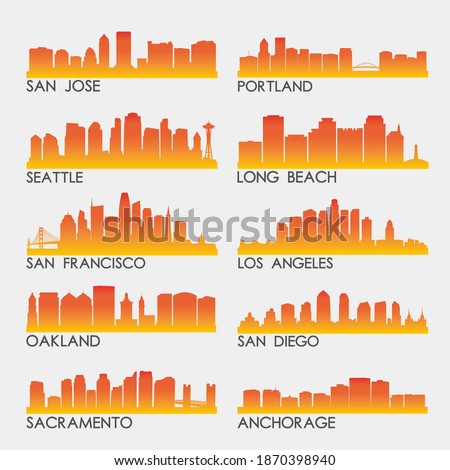 West Coast USA Skyline City Silhouette Design Collection. Vector Illustration Set Clip Art.