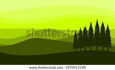 vector background layer of mountains with pine trees in the foreground, flat design, shades of green gradations, elegant and minimalist, suitable for design elements themed nature and environment 