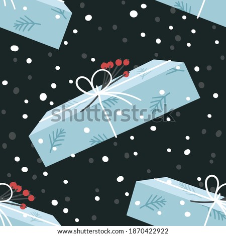 Cartoon Seamless Pattern with Snowy Christmas Gift Box. Creative Flat Style Art Work Collection. Actual vector drawing of Holiday Things Packing. Cozy Winter Illustration