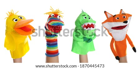 Puppet show. Collage with photos of different dolls on hands against white background, banner design Royalty-Free Stock Photo #1870445473