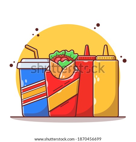 Junk food elements, burritos, ketchup, mustard, and soft drinks. Fast food icon concept illustration. Flat cartoon vector illustration isolated.