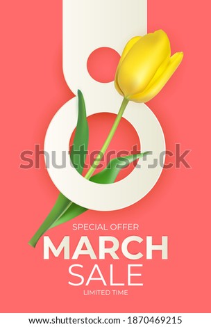 8 March sale banner with tulip Background Design. Template  for advertising, web, social media and fashion ads. Poster, flyer, greeting card, header for website  Vector Illustration. 