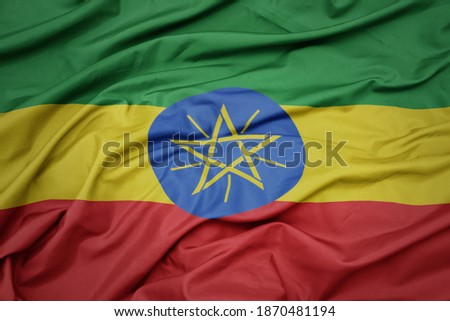 waving colorful national flag of ethiopia . macro shot