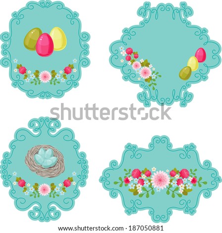 Blue floral retro labels with Easter eggs isolated on white background