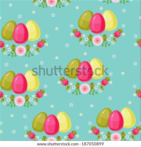 Easter seamless pattern. Colorful eggs on floral background