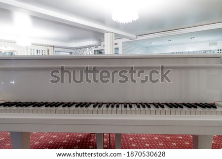 Close up white piano keyboard. Music instrument. Black and white key.