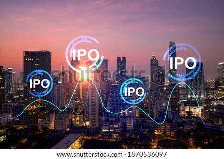 Hologram of IPO glowing icon, sunset panoramic city view of Bangkok. The financial hub for transnational companies in Asia. The concept of boosting the growth by IPO process. Double exposure. Royalty-Free Stock Photo #1870536097