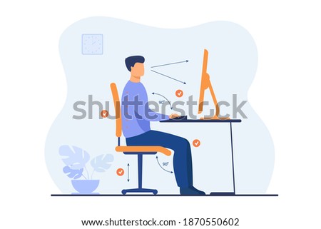 Instruction for correct pose during office work flat vector illustration. Cartoon worker sitting at desk with right posture for healthy back and looking at computer. Health and ergonomics concept Royalty-Free Stock Photo #1870550602